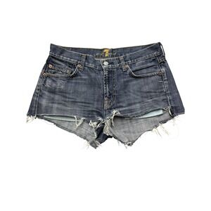 7 For All Mankind Shorts Womens 30 Blue Denim Distressed Cutoff Frayed Made USA